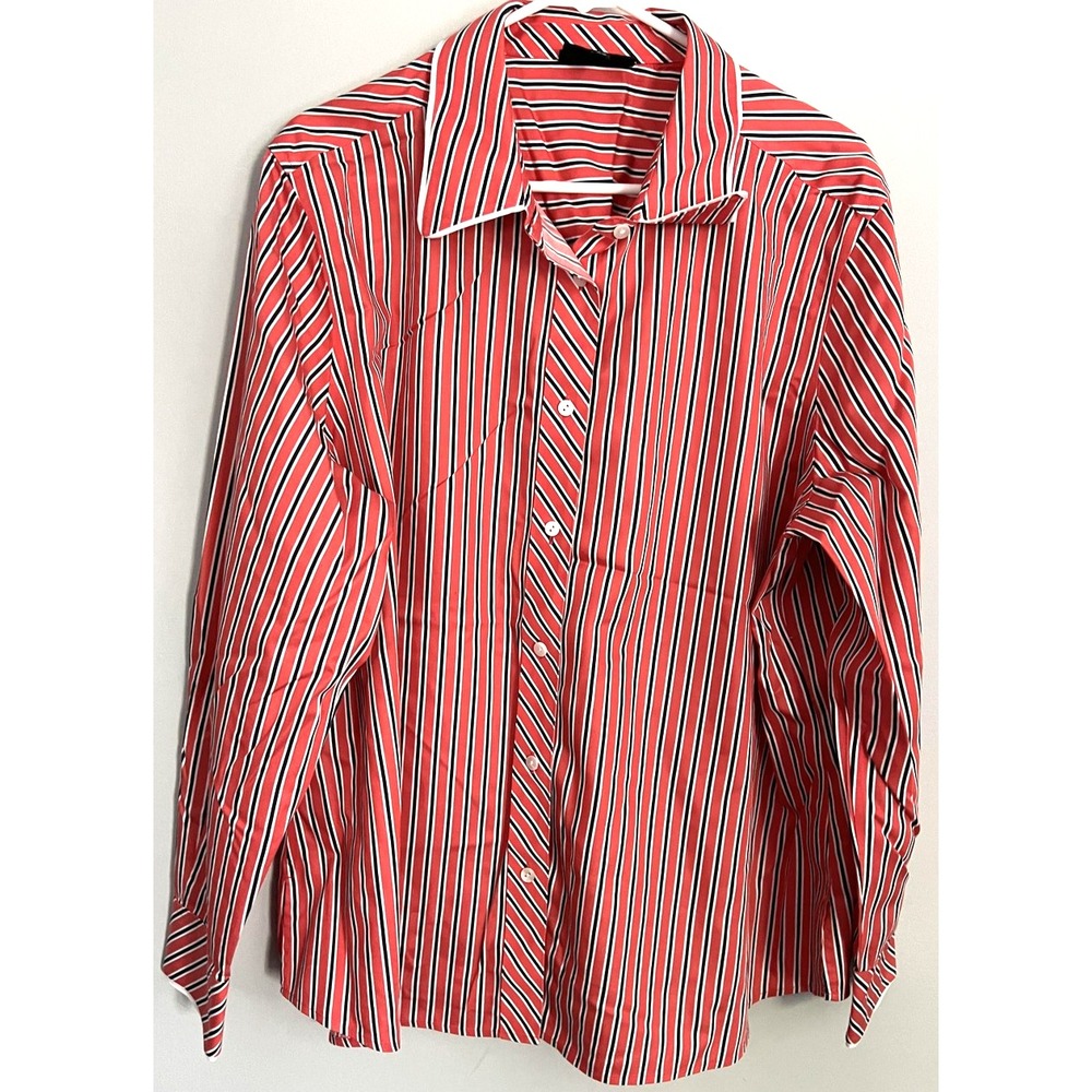 Foxcroft Shirt Womens 20W Red Striped Non Iron Shaped Fit Button Front Cotton